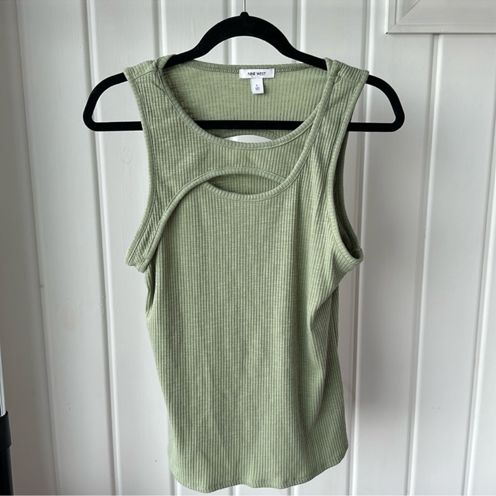 Nine West Cut Out Sleeveless Ribbed Tank Top Green Size L